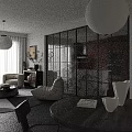 Modern Minimalist Open Living And Dining Room Interior With Stylish Black Framed Grid Glass Partition
