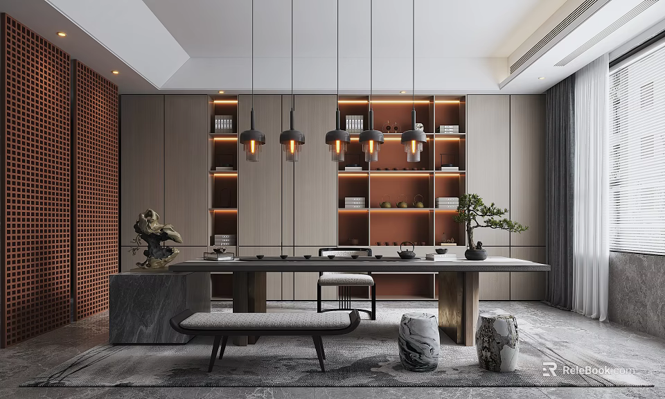 Serene Tea Room Interior With Wooden Shelves Hanging Lamps And Stone Table 3d model 