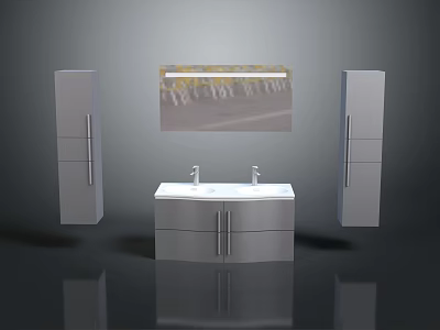 Modern Bathroom Vanity With Double Faucets Side Cabinets And Decorative Panel 3d model