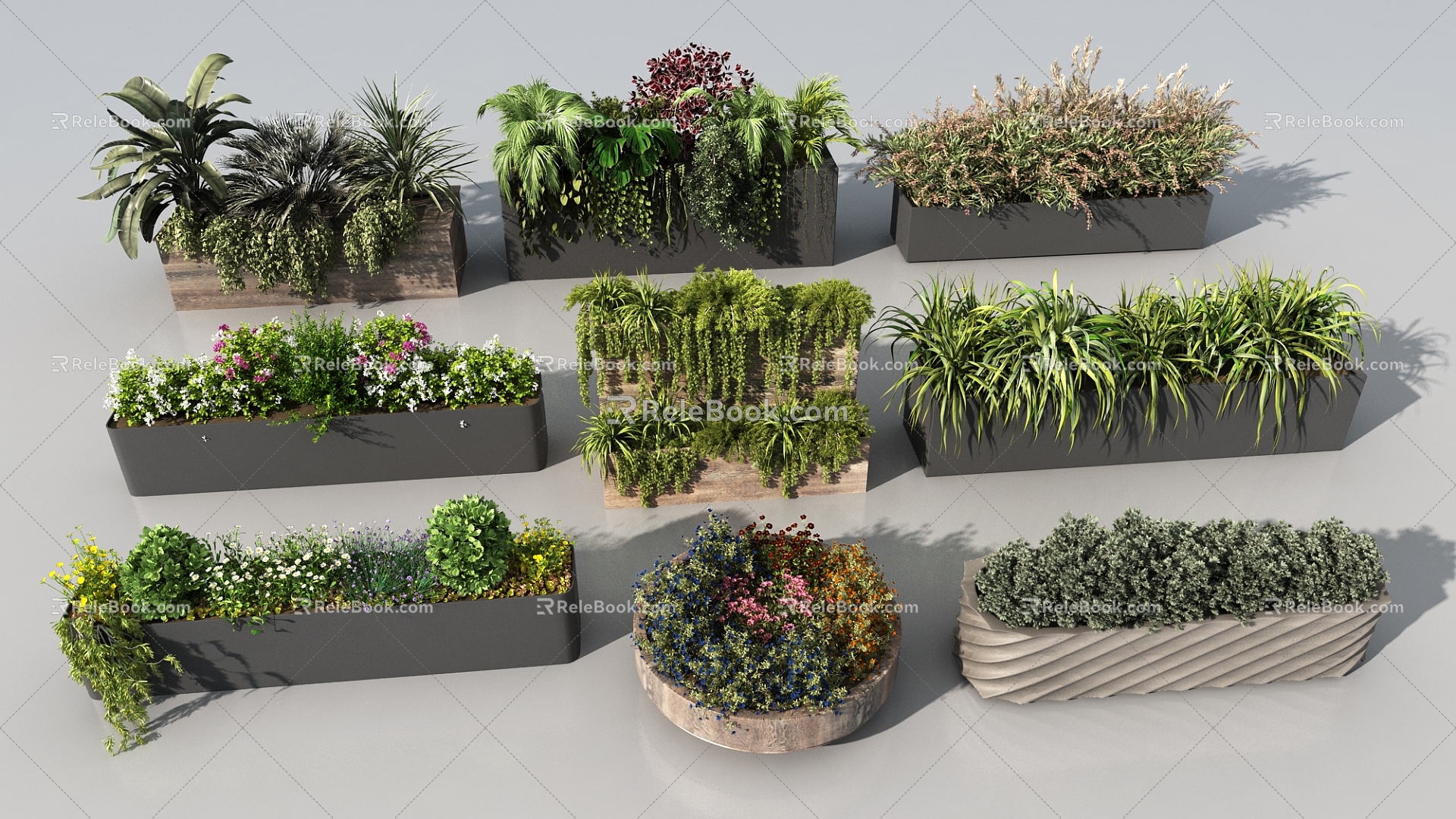 Flower bed combination flower pot potted flower box landscape flower box flowers and plants combination plant pile green plant pendulum green plant flower box shrub flower belt 3d model