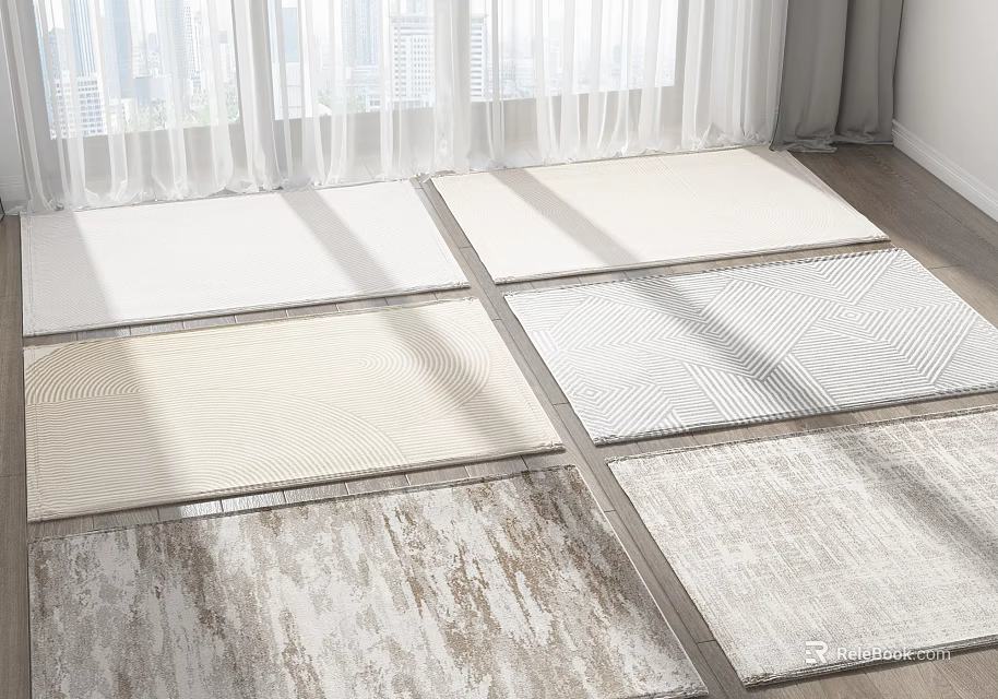 Square Rugs In Neutral Colors With Textured Patterns On Wooden Floor Under Natural Light 3d model 