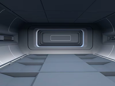 Cartoon Futuristic Spaceship Interior With Metallic Walls Glowing Blue Lights And Platform Floors 3d model