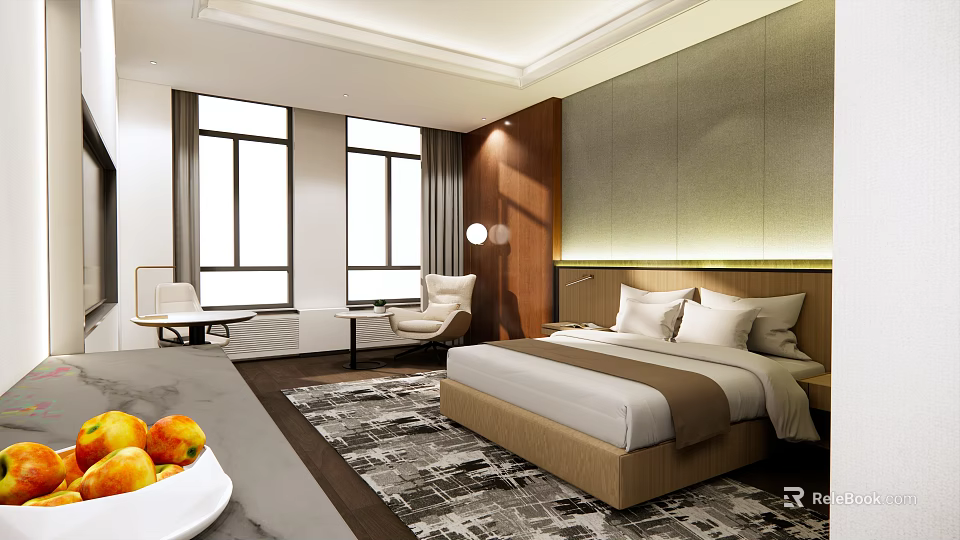 Modern Hotel Guest Room With King Bed Large Windows And Decorative Rug 3d model 