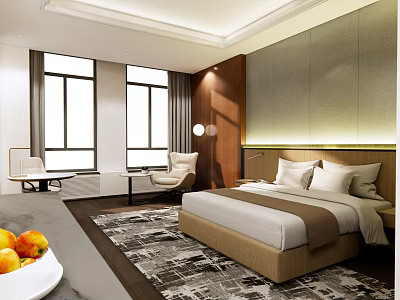 Modern Hotel Guest Room With King Bed Large Windows And Decorative Rug 3d model