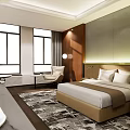 Modern Hotel Guest Room With King Bed Large Windows And Decorative Rug