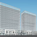 Modern Twin Office Buildings Exterior With Glass Curtain Walls And Podium Base Structure