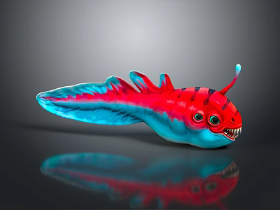 Vibrant 3D Modeled Red And Blue Fish With Spiky Fins Large Eyes Sharp Teeth 3d model