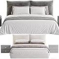 Modern Upholstered Double Bed With White Sheets Gray Blanket Plush Pillows And Nightstand