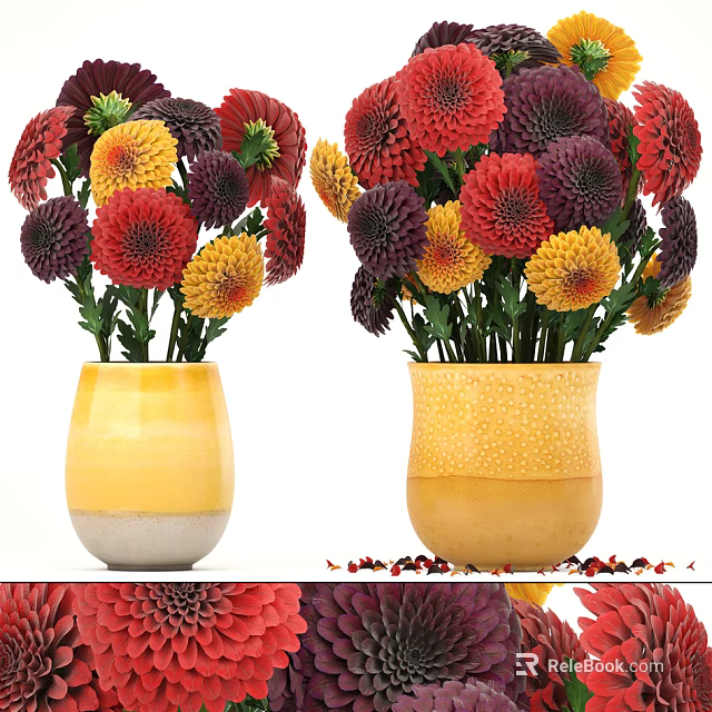 Beautiful Decorative Yellow Ceramic Vases With Red Yellow Purple Dahlia Flowers 3d model 