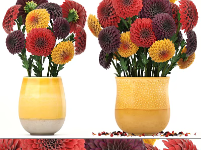 Beautiful Decorative Yellow Ceramic Vases With Red Yellow Purple Dahlia Flowers 3d model