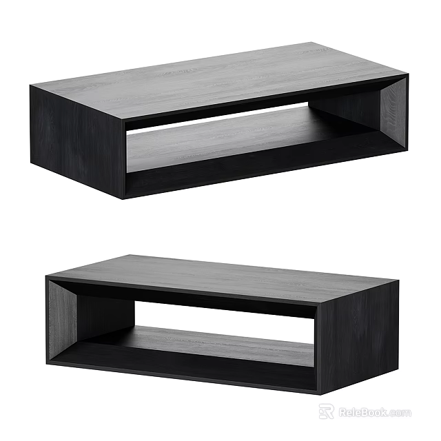 Dark Modern Wooden Coffee Table Set of Two with Rectangular Open Shelf Design 3d model