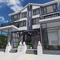 Modern Detached Villa With Large Glass Windows Balconies And Lush Garden Surroundings
