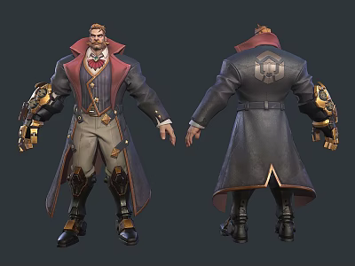 Steampunk Man in Long Coat with Red Vest Mechanical Gold Arms Front Back View Design 3d model