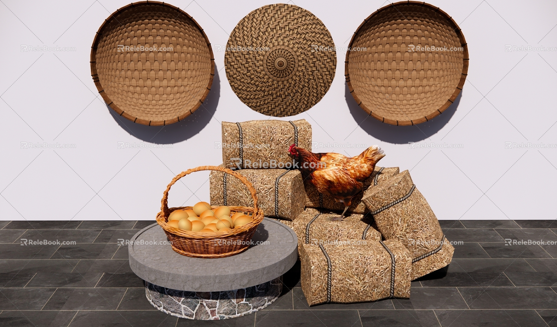 Country garden sketch egg editor basket egg basket hen straw pile 3d model