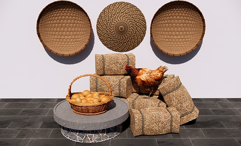 Country garden sketch egg editor basket egg basket hen straw pile 3d model