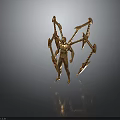 Golden Humanoid Sculpture With Multiple Mechanical Arms And Decorative Weapons