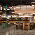 Vibrant Restaurant Interior With Hanging Coca-Cola Signs HiPPO Banners And Tables Chairs
