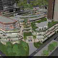 Modern Commercial Street With Multi Level Buildings Greenery Lighting And Pedestrians