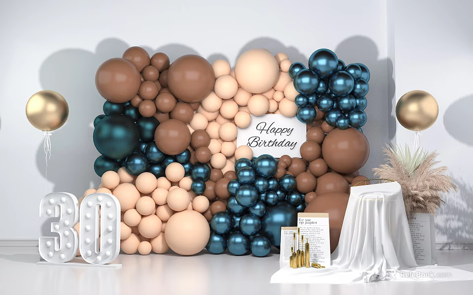 Happy Birthday Party Decoration With Brown Beige Navy Blue Balloon Wall And Number 30 3d model 