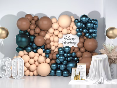 Happy Birthday Party Decoration With Brown Beige Navy Blue Balloon Wall And Number 30 3d model