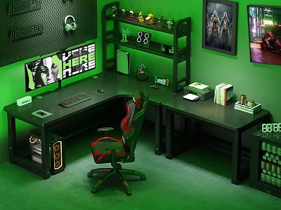 Gaming Desk Setup With Dual Monitors Green Lighting Headphones On Wall And Ergonomic Chair 3d model