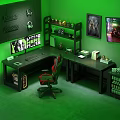 Gaming Desk Setup With Dual Monitors Green Lighting Headphones On Wall And Ergonomic Chair