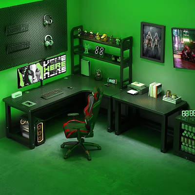 Gaming Desk Setup With Dual Monitors Green Lighting Headphones On Wall And Ergonomic Chair 3d model