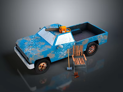 Blue Rusty Truck With Chainsaw In Bed Wooden Chair Shovel And Traffic Cone 3d model