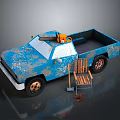 Blue Rusty Truck With Chainsaw In Bed Wooden Chair Shovel And Traffic Cone