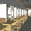 Chinese Style Restaurant Interior With Wooden Tables Chairs Round Windows And Branch Ceiling Decor