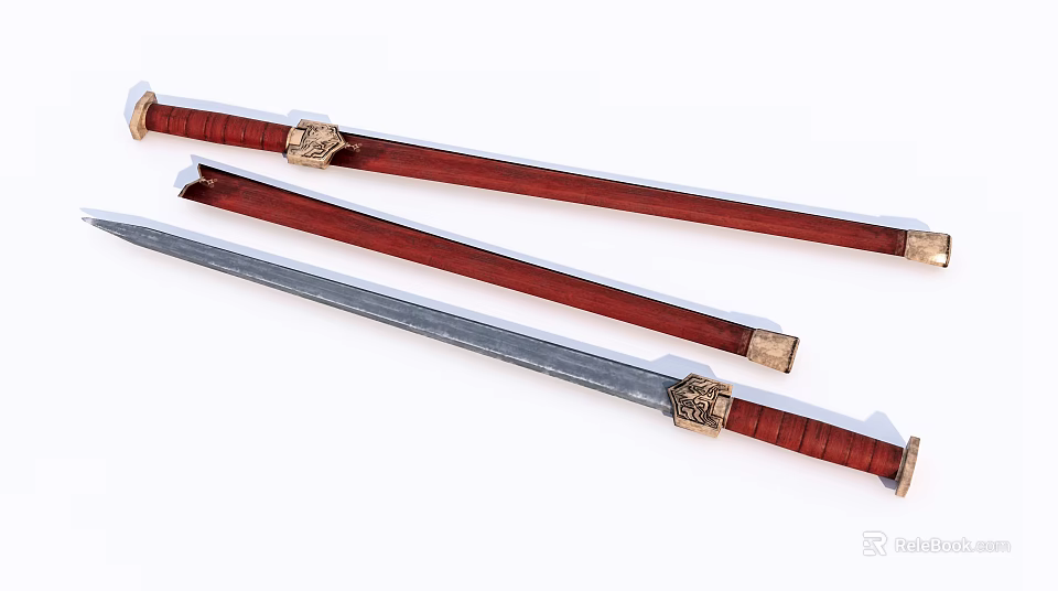 Traditional Swords With Red Wooden Handles Golden Fittings And Metal Blades 3d model 