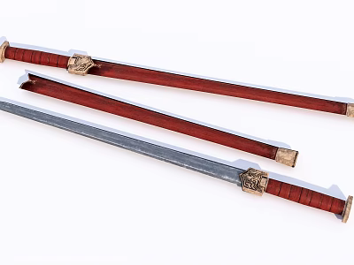 Traditional Swords With Red Wooden Handles Golden Fittings And Metal Blades 3d model