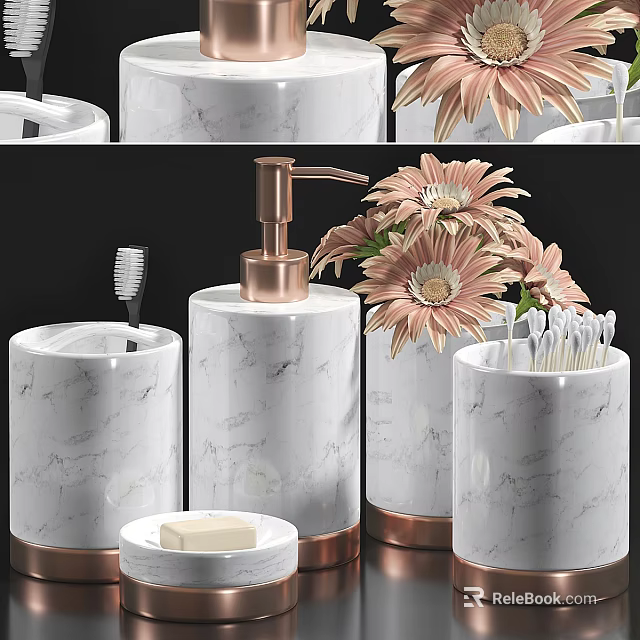 Marble Bathroom Essentials With Copper Pump Toothbrush Holder Cotton Swabs Soap And Pink Flowers 3d model 
