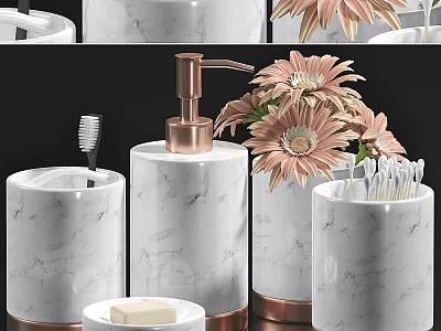 Marble Bathroom Essentials With Copper Pump Toothbrush Holder Cotton Swabs Soap And Pink Flowers 3d model