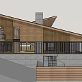 Modern Single Family Villa With Large Glass Windows Wooden Structure And Green Lawn