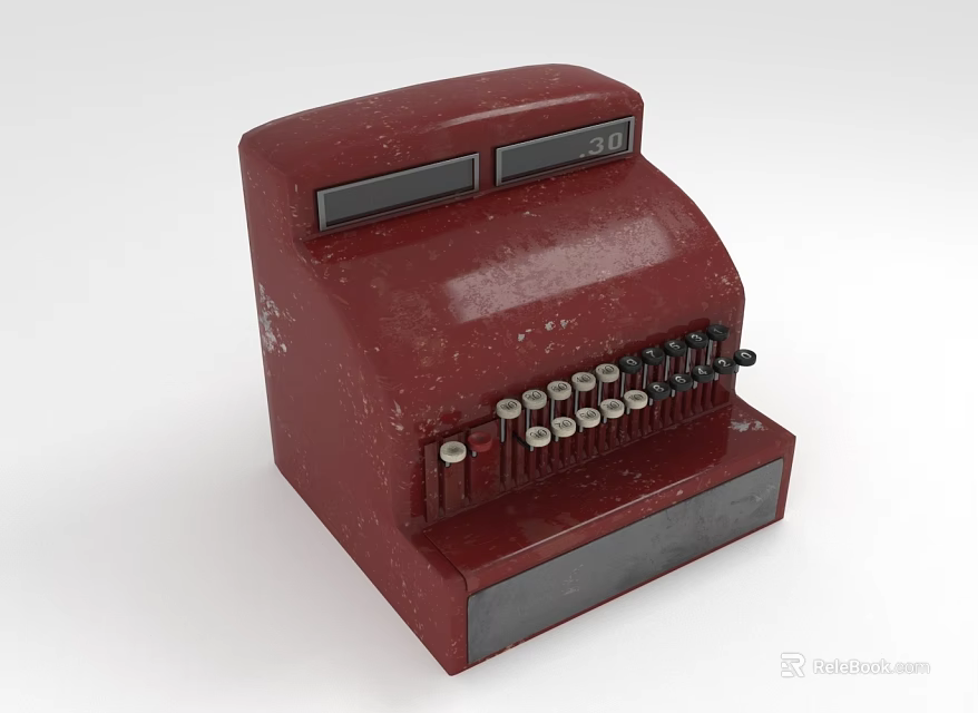 Vintage Red Commercial Cash Register With Mechanical Keys And Display Panel 3d model 