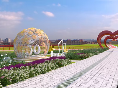 Scenic Park Landscape Featuring Spherical Sculpture Heart Shaped Art Colorful Flowers And White Brick Path 3d model