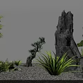 Serene Courtyard Garden with Bamboo Driftwood Stone and Green Plants on Gravel Ground