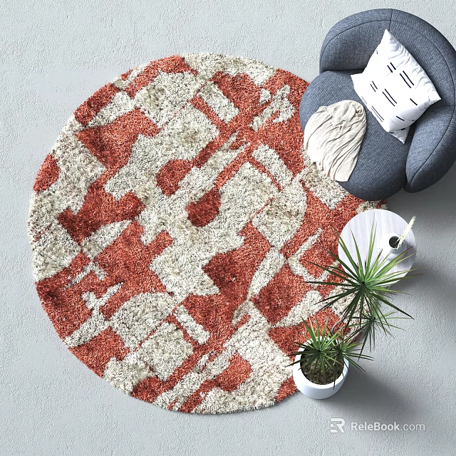 Stylish Living Room With Red And White Geometric Round Area Rug Sofa Pillow And Plants 3d model 