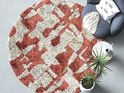 Stylish Living Room With Red And White Geometric Round Area Rug Sofa Pillow And Plants 3d model