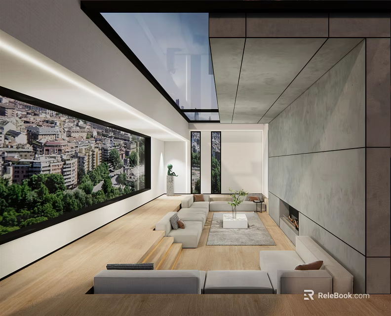 Modern Living Room Interior With Skylight Large City Mural Wooden Flooring And Sofa 3d model 