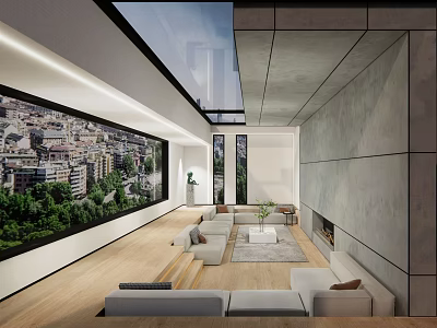 Modern Living Room Interior With Skylight Large City Mural Wooden Flooring And Sofa 3d model