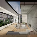 Modern Living Room Interior With Skylight Large City Mural Wooden Flooring And Sofa