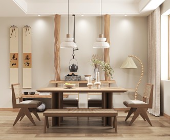 Modern Style Home Restaurant Rattan Dining Table and Chair Combination Side Cabinet Chandelier Floor Lamp 3d model