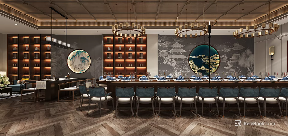 Elegant Chinese Style Private Dining Room Interior With Round Paintings Wooden Bookshelves And Chandeliers 3d model 