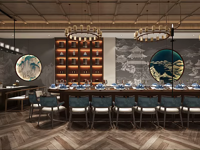 Elegant Chinese Style Private Dining Room Interior With Round Paintings Wooden Bookshelves And Chandeliers 3d model