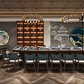 Elegant Chinese Style Private Dining Room Interior With Round Paintings Wooden Bookshelves And Chandeliers