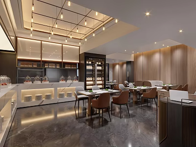 Elegant Modern Restaurant Interior With Marble Floor Wooden Walls Dining Tables And Bar Area 3d model