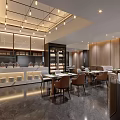 Elegant Modern Restaurant Interior With Marble Floor Wooden Walls Dining Tables And Bar Area