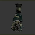 Green Robot With Red Striped Horn Pipes And Green Yellow Striped Creature Companion